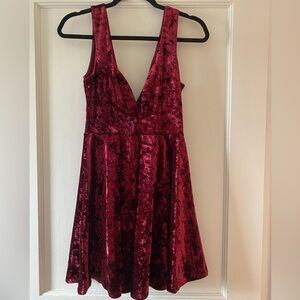 Lulus This Night Burgundy Velvet Backless Mini Skater Dress - Size M